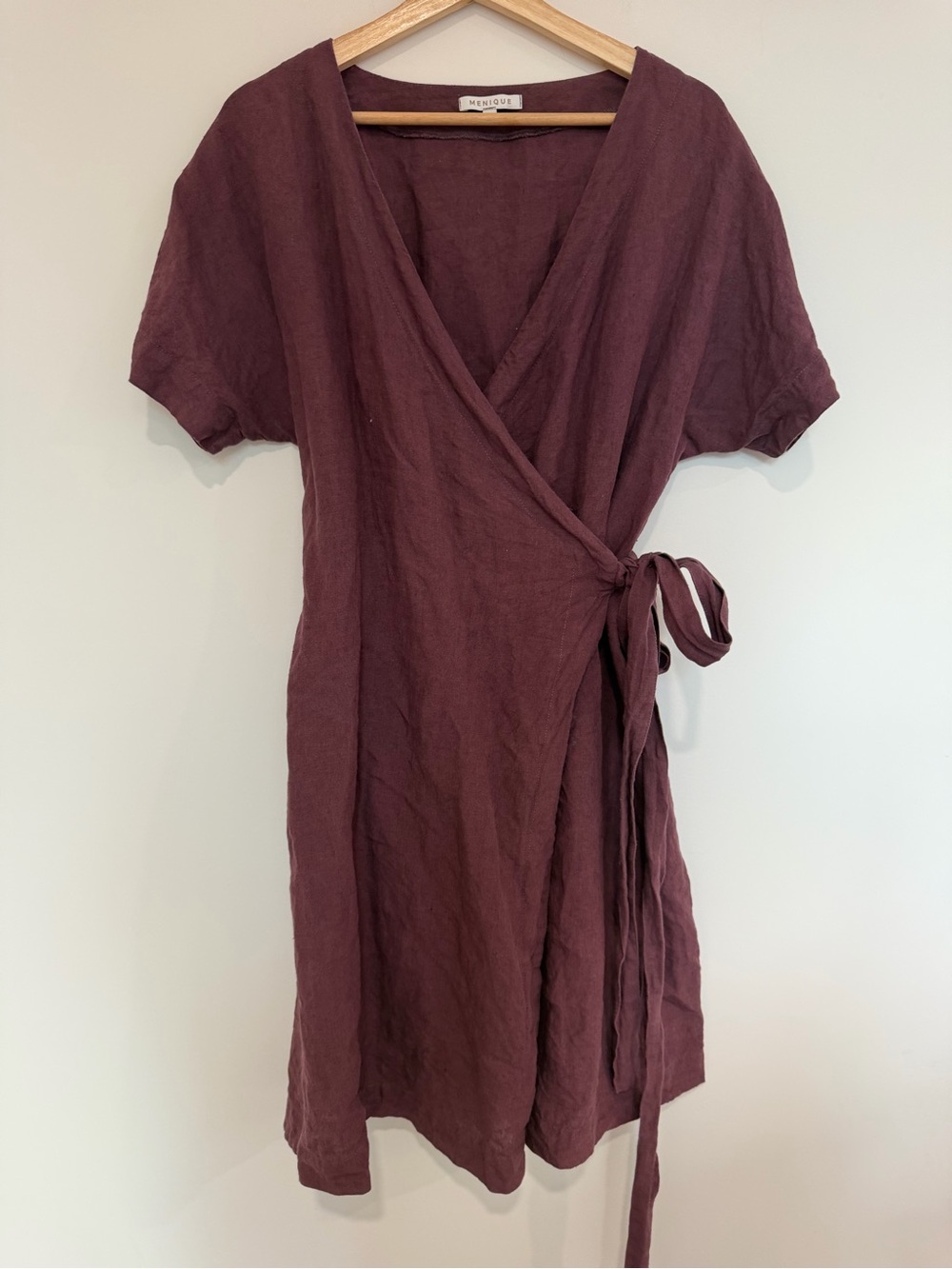 Wrap Midi Dress in Deep Plum by MENIQUE 100% linen W/pockets M